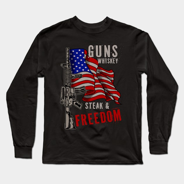 Gun Whiskey Steak Freedom USA American Flag Long Sleeve T-Shirt by We Print On Gifts